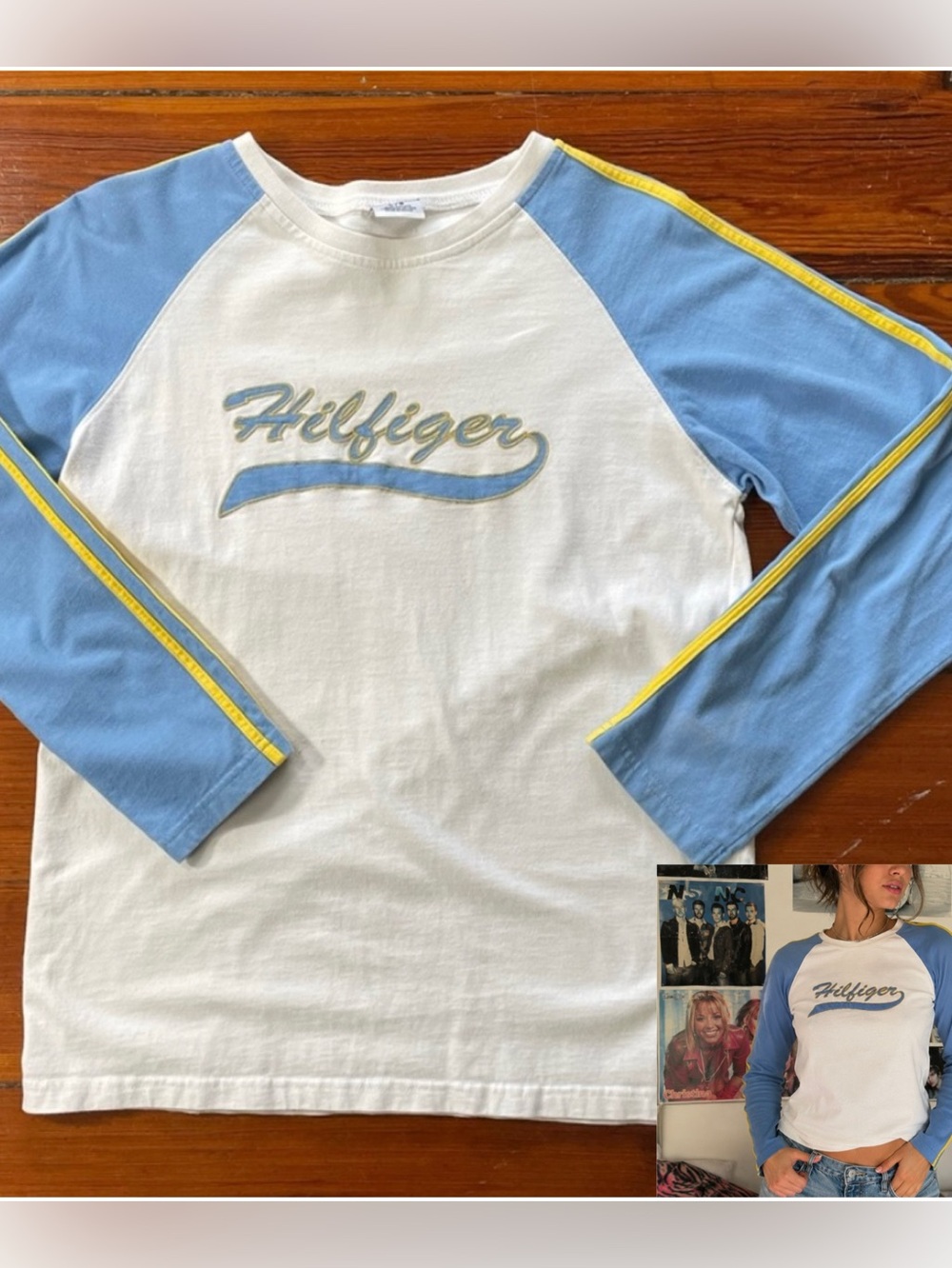 Y2K Tommy Hilfiger Script Logo Raglan Baseball Tee Blue White Long Sleeve~L💛🍄
